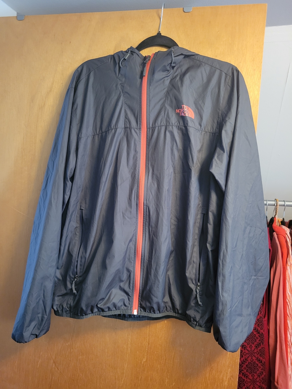 The North Face Dark Gray Hooded Packable Windbreaker with Pink Logo